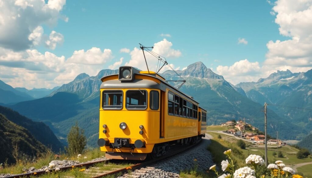 The bright yellow train traveling along a mountain track in the French Pyrenees with valleys and villages below