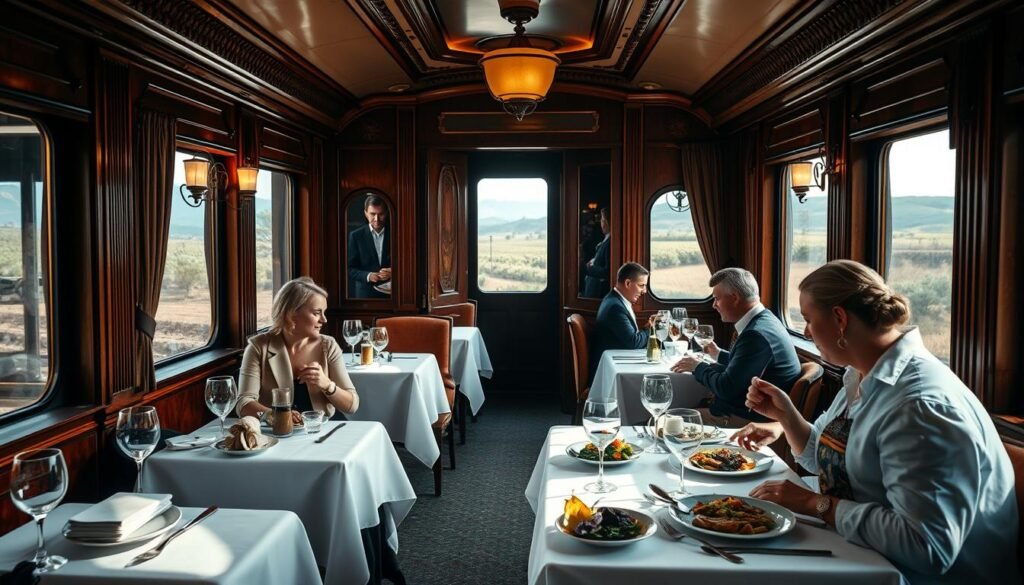 The luxurious El Transcantábrico train with its elegant dining car interior and couples enjoying a gourmet meal