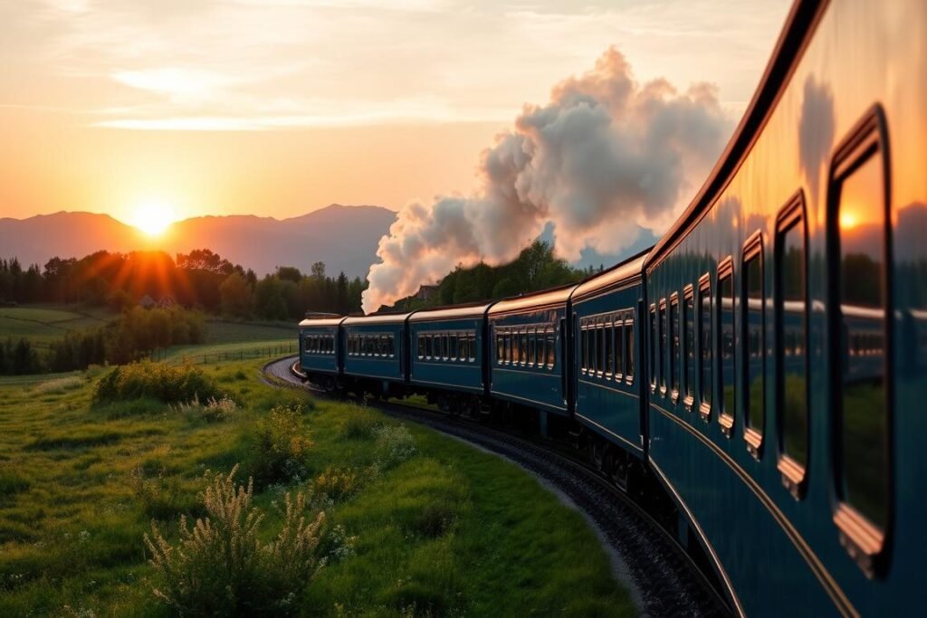The luxurious Venice Simplon-Orient-Express train with its iconic blue carriages traveling through the European countryside at sunset