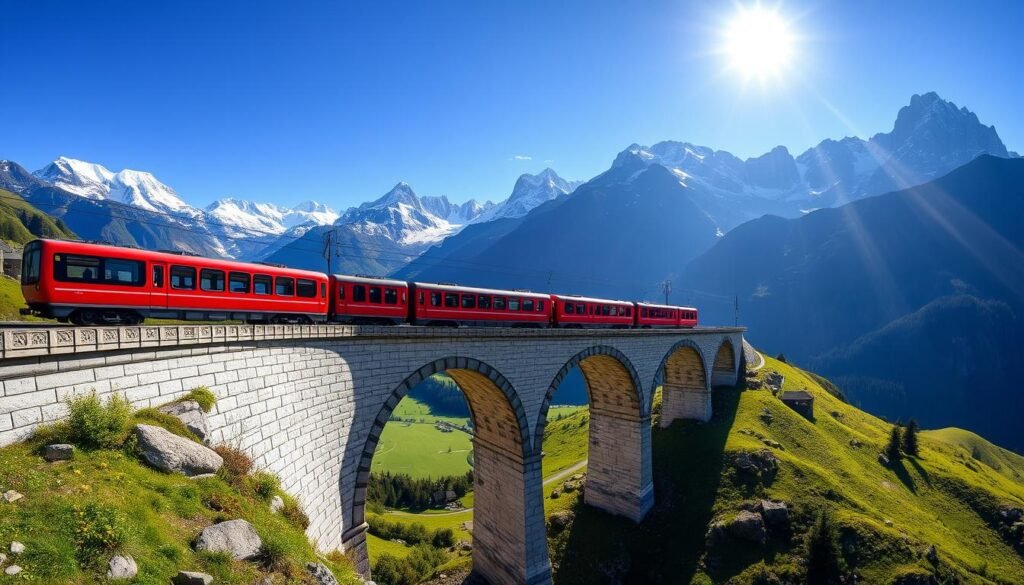 The red Bernina Express train crossing a curved viaduct with panoramic views of snow-capped mountains and alpine meadows