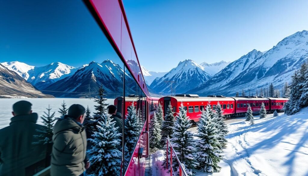 The red Glacier Express train traveling through a snowy alpine landscape with mountains and a frozen lake