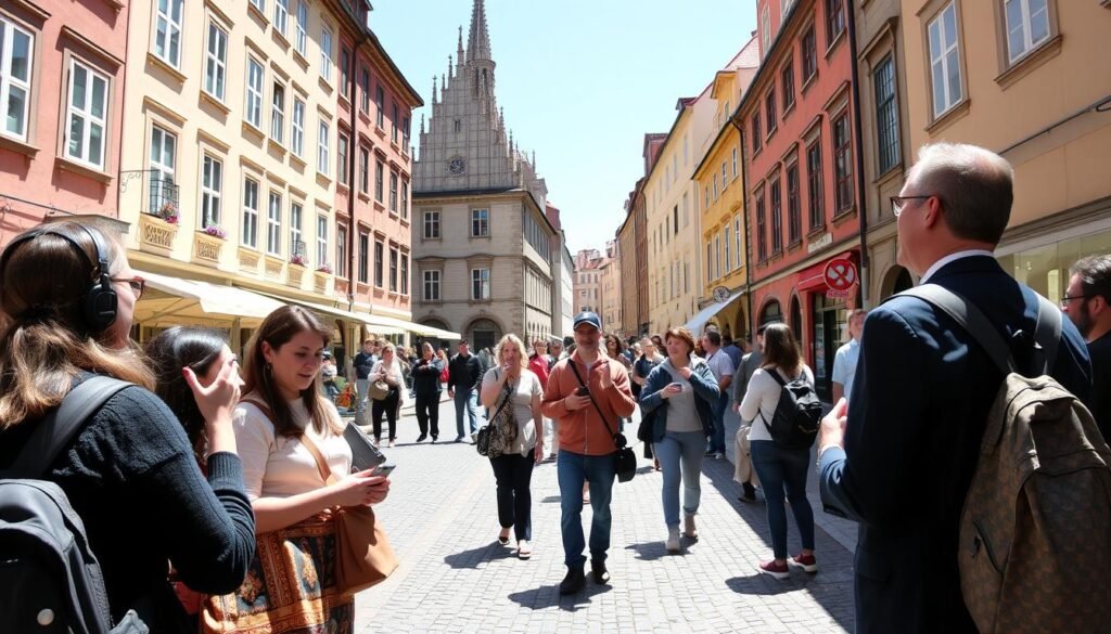 Tourists enjoying a free walking tour in a historic European city center Tourists enjoying a free walking tour in a historic European city center