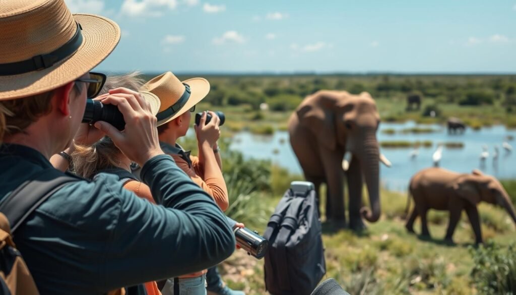 Tourists observing wildlife from a respectful distance in a natural habitat Tourists observing wildlife from a respectful distance in a natural habitat