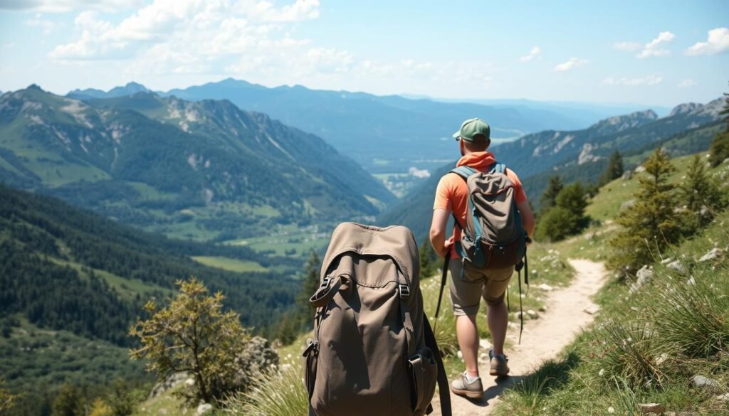 Traveler hiking on a mountain trail with backpack, sustainable tourism