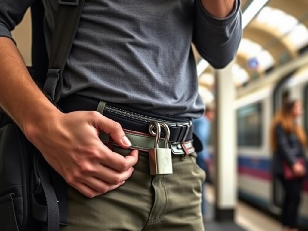 Traveler using a money belt and securing belongings while traveling in Europe Traveler using a money belt and securing belongings while traveling in Europe