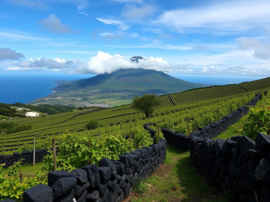 UNESCO-protected stone-walled vineyards with Mount Pico in background, Azores