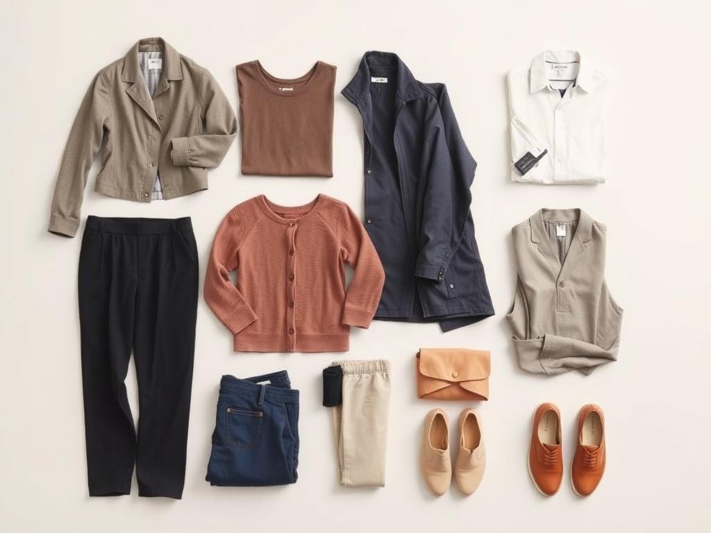 Versatile travel clothing items laid out in a capsule wardrobe format for eco-friendly travel