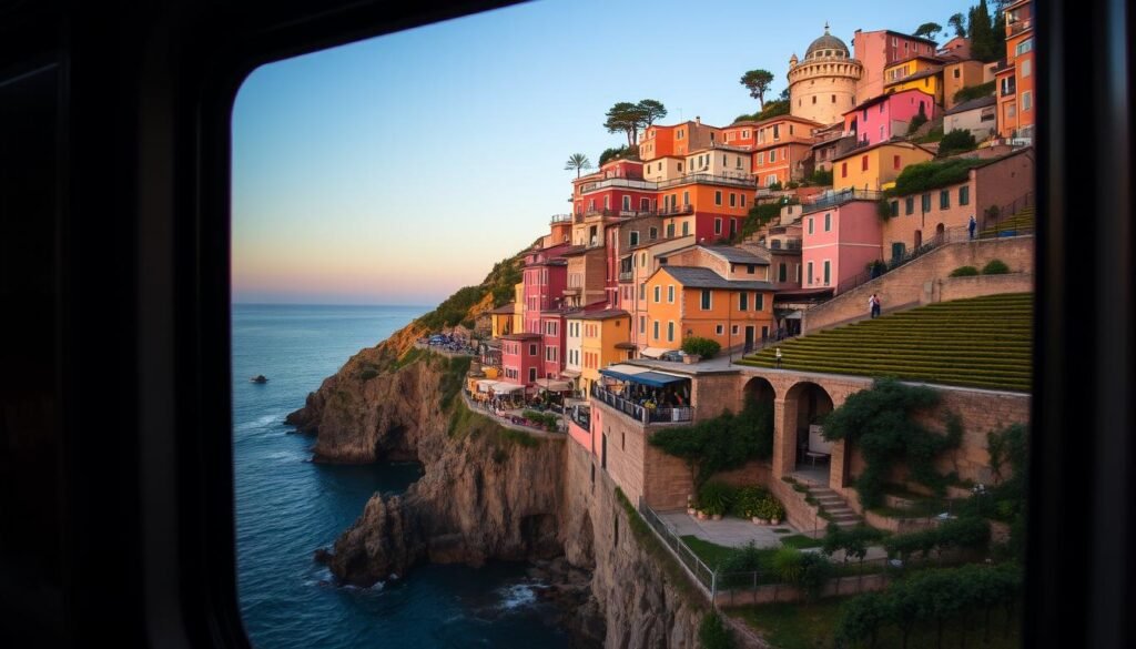 View from a train window of colorful houses in Manarola, one of the Cinque Terre villages, with the Mediterranean Sea in the background
