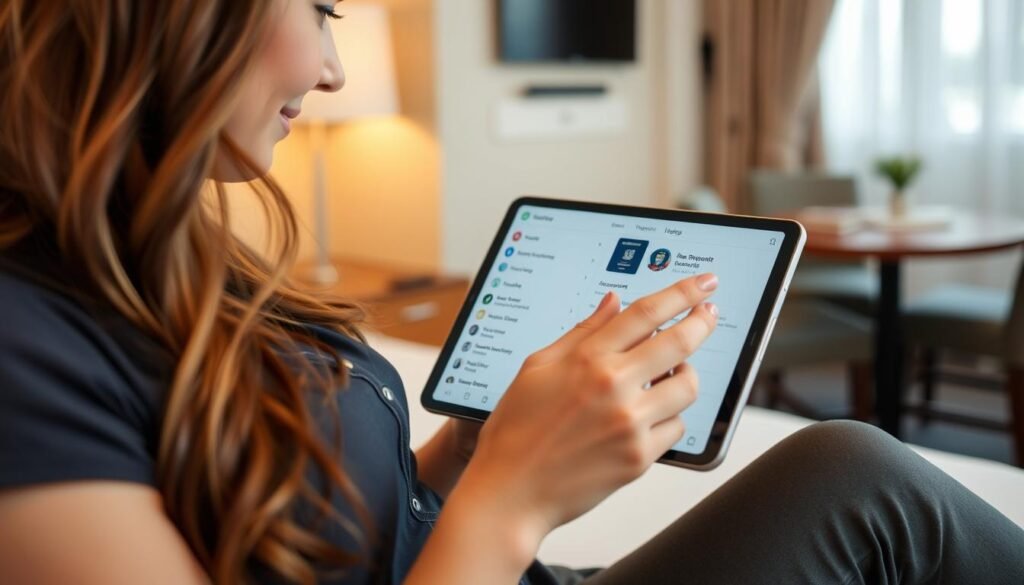 Woman accessing digital document backups during travel in 2025