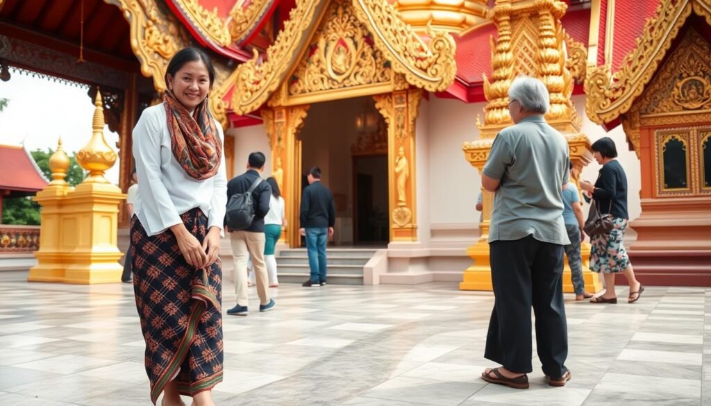 Woman respectfully dressed visiting a temple in Southeast Asia in 2025
