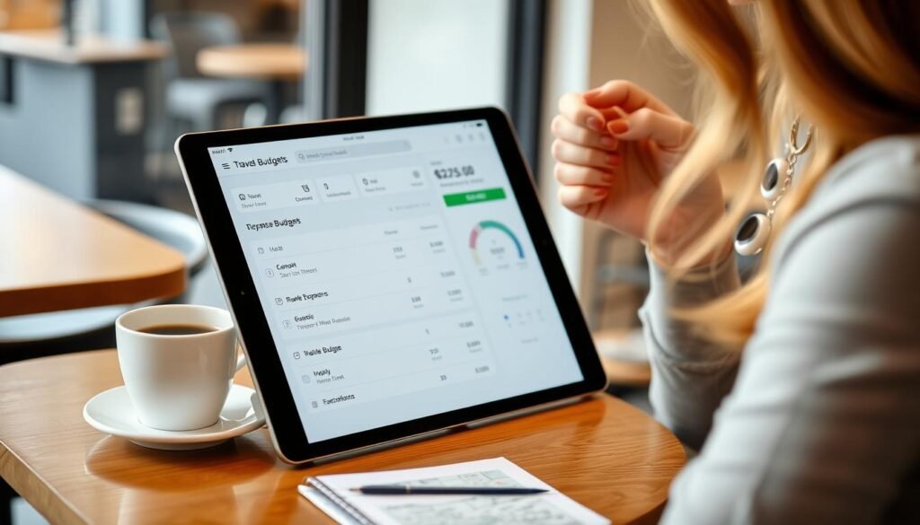 Woman using budgeting app while planning solo female travel in 2025